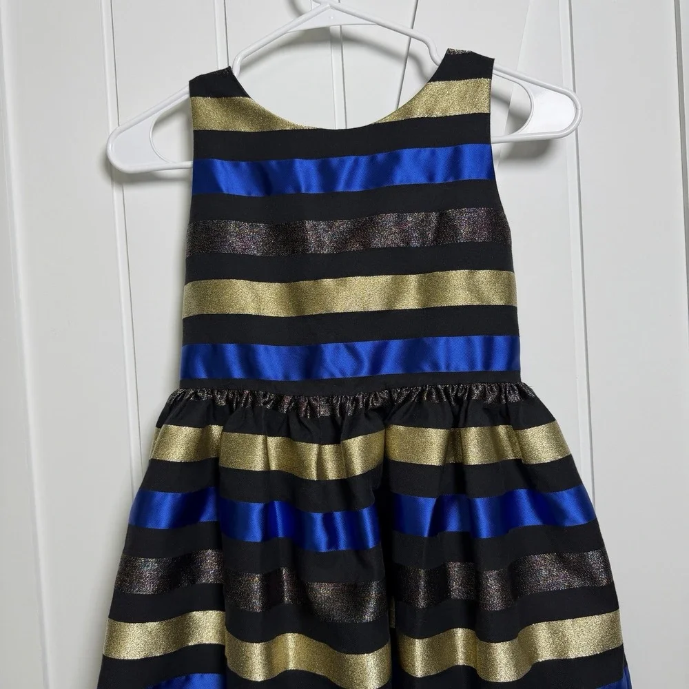 Gymboree Girls holiday party dress Size 10 Striped Blue Gold Black Preppy